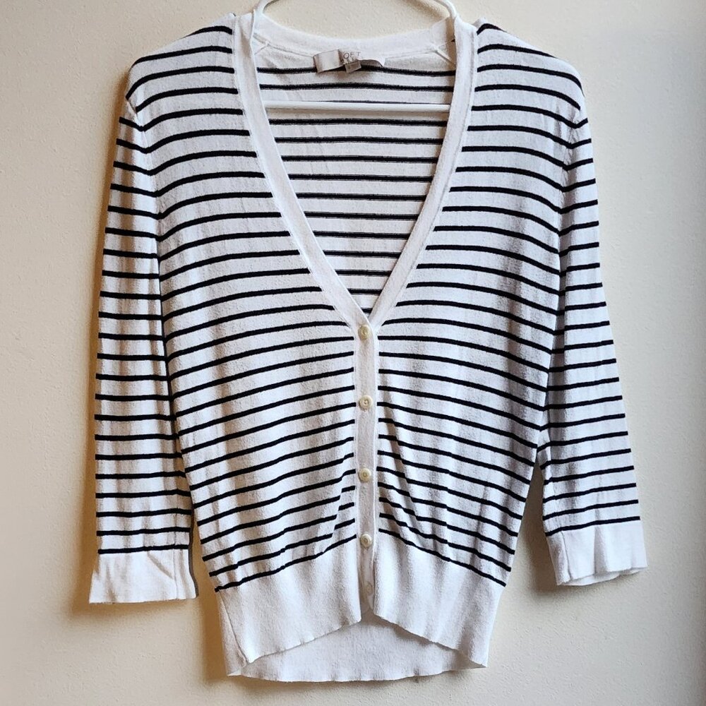 LOFT White/Black Striped V-Neck Cardigan Size Small